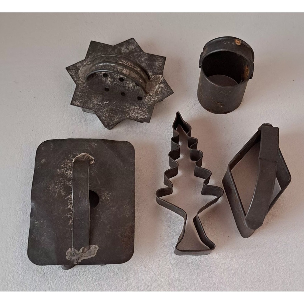 Antique Folk Art Distelfink Fish Tin Soldered Cookie Cutter Flat Back & 4 More